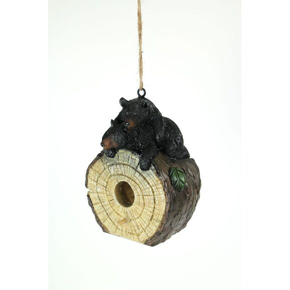 Playful Black Bears On Cut Log Polyresin Hanging Birdhouse - Picture 3 of 4